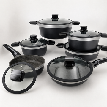 Alpenburg Black Non-Stick Cookware Set With Glass Lids And Silver Trim - 12 Piece Set
