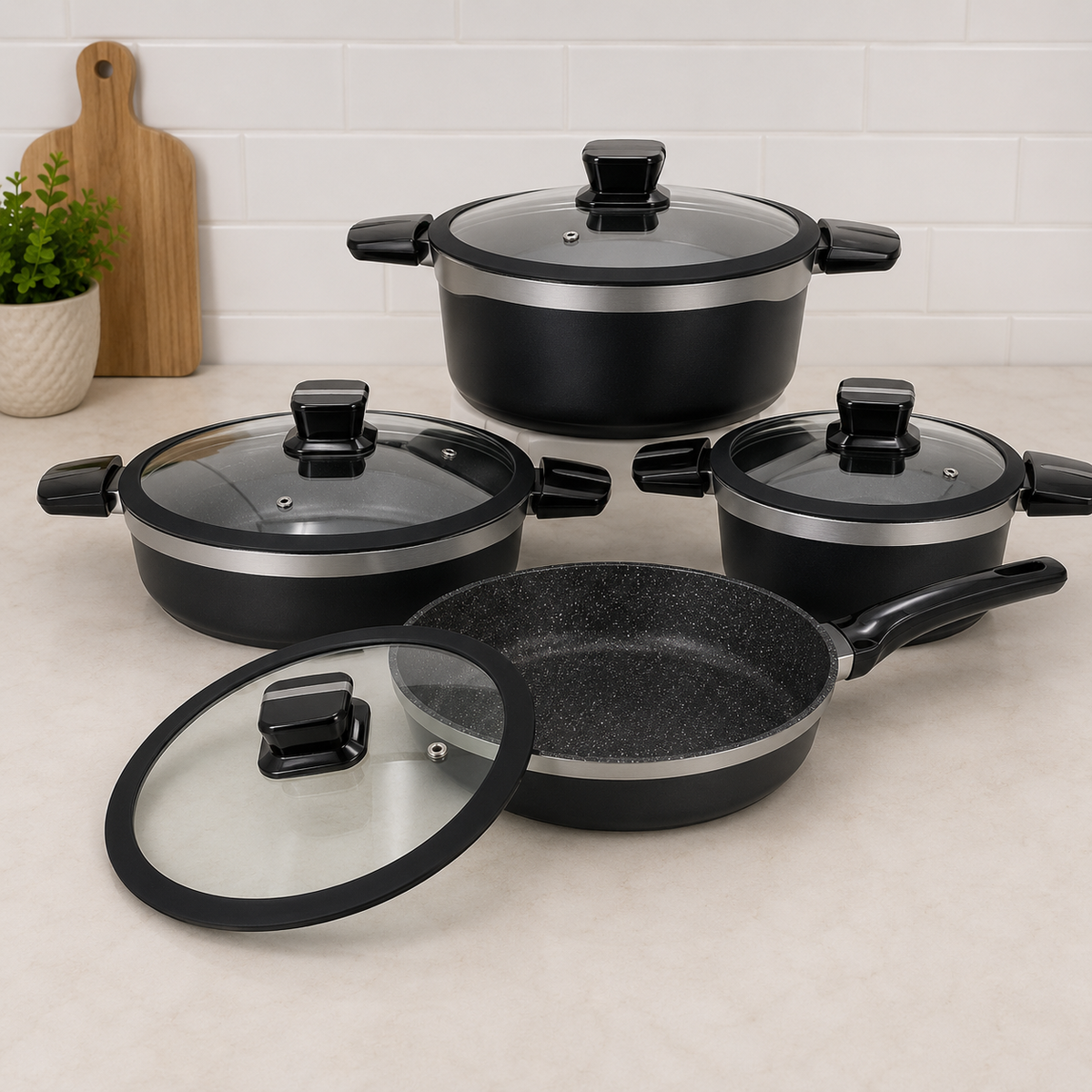 Alpenburg Black Non-Stick Cookware Set With Glass Lids And Silver Trim - 8 Piece Set