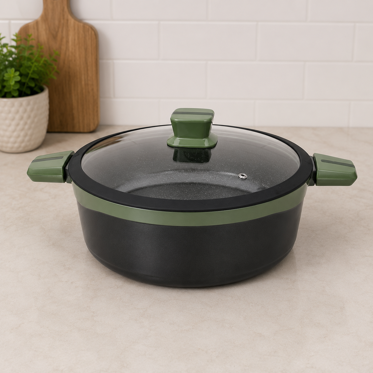 Alpenburg Black Non-Stick Cooking Pot With Green Handles And Glass Lid - 32 cm
