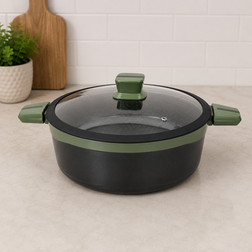 Alpenburg Black Non-Stick Cooking Pot With Green Handles And Glass Lid - 32 cm