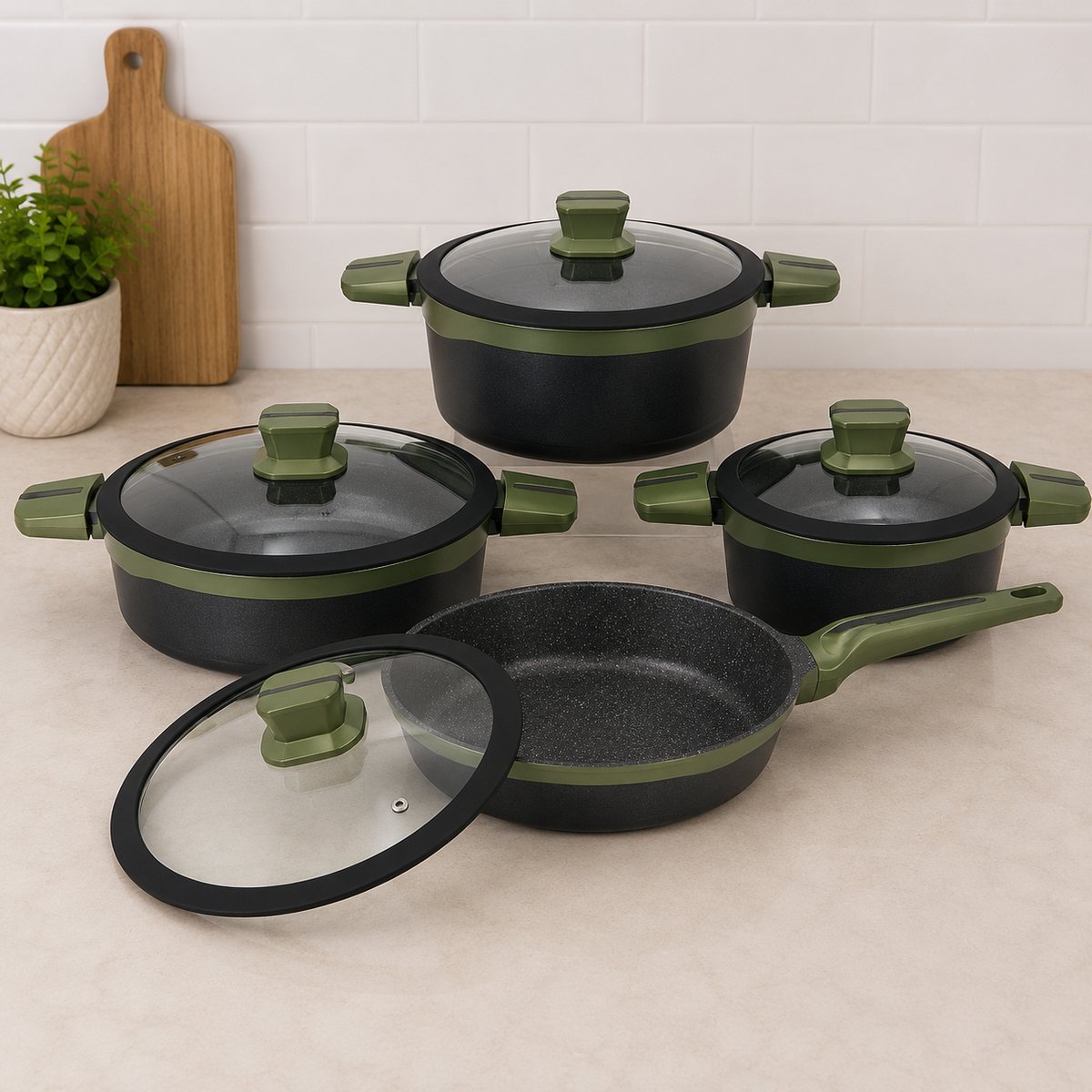 Alpenburg Black Non-Stick Cookware Set With Green Handles And Glass Lids - 8 Piece Set