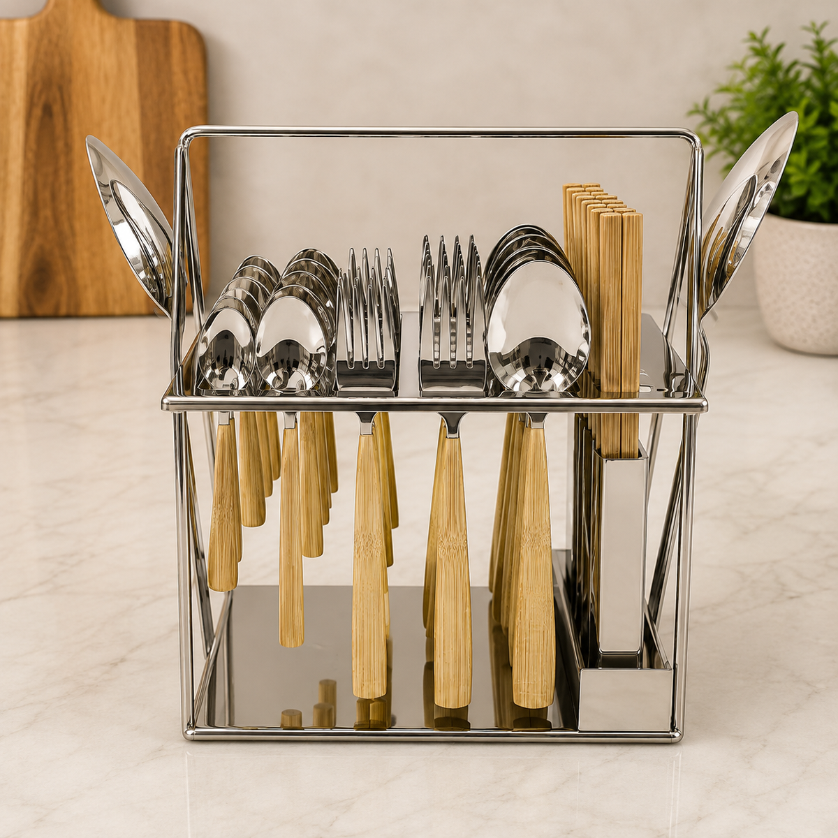 Alpenburg Stainless Steel Cutlery Set With Wood Style Handles And Storage Rack - 38 Piece Set