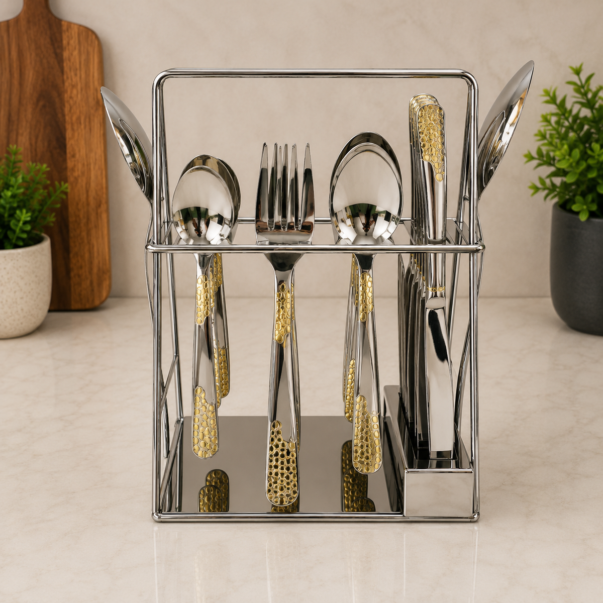 Alpenburg Stainless Steel Cutlery Set Gold Accent Handles And Storage Rack - 26 Piece Set