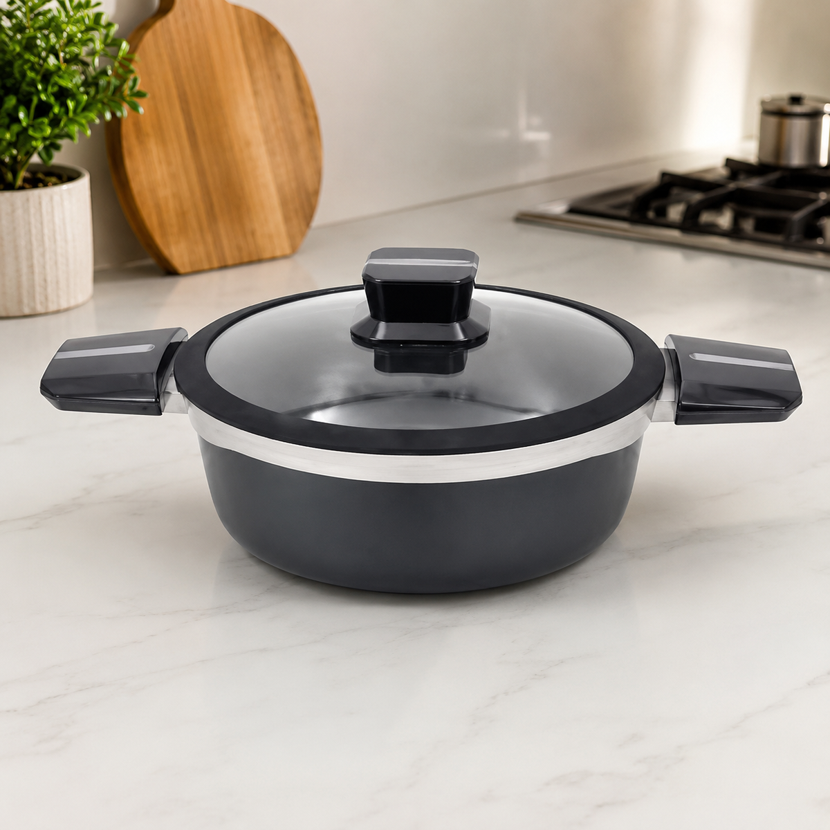 Alpenburg Non-Stick Casserole Pot With Glass Lid And Side Handles - 20 cm