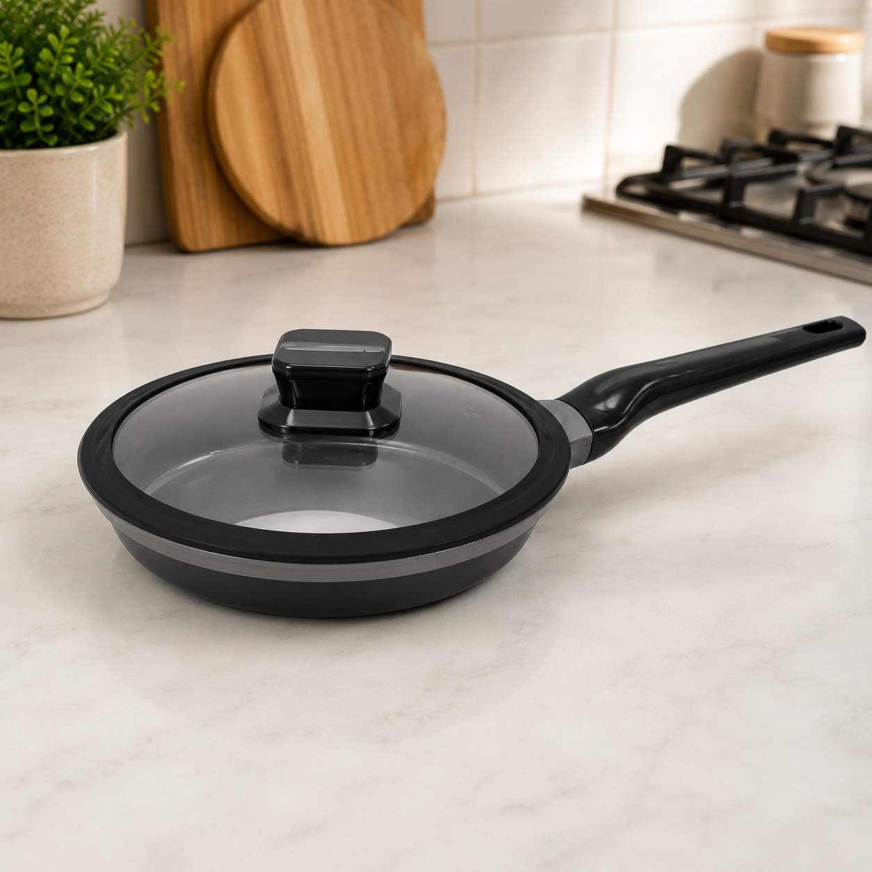 Alpenburg Non-Stick Frying Pan With Glass Lid And Long Handles - 20 cm