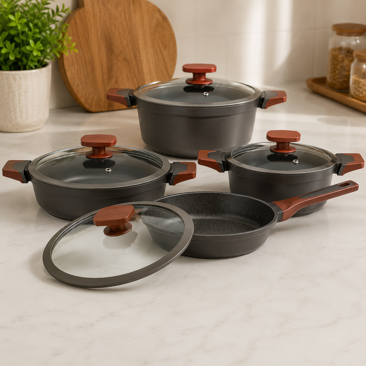 Alpenburg Non-Stick Cookware Set With Glass Lids And Ergonomic Handles - 8 Piece Set