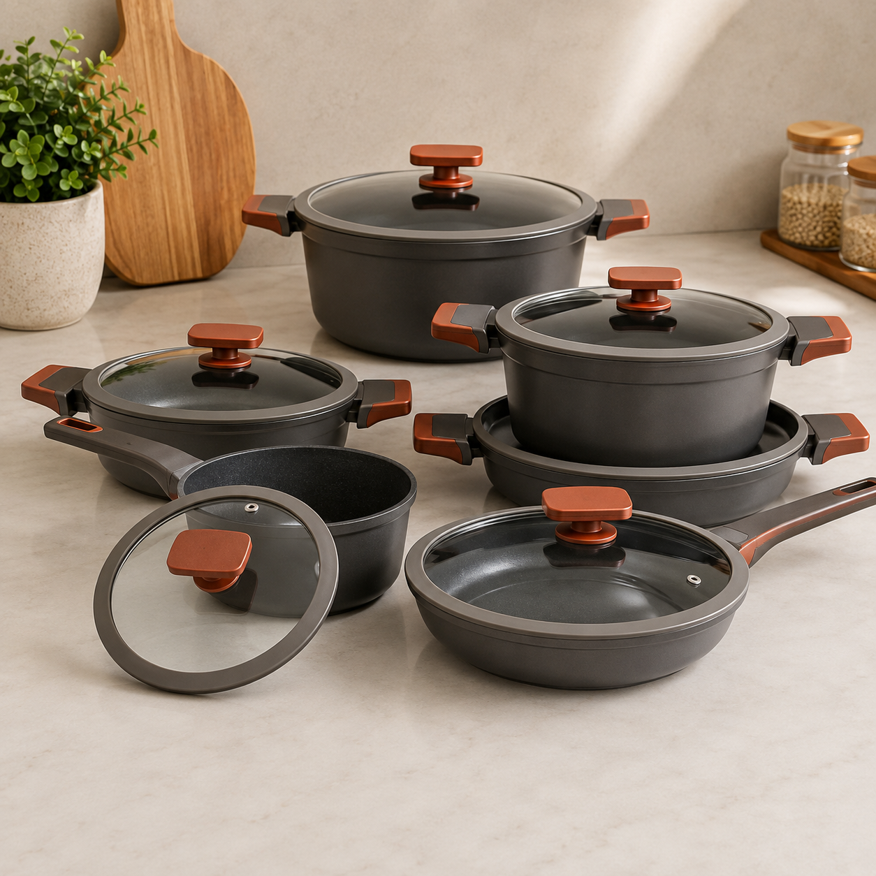 Alpenburg Non-Stick Cookware Set With Glass Lids And Heat-Resistant Handles - 12 Piece Set