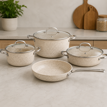Korkmaz Granite Non-stick Cookware Set With Glass Lids - 7 Piece Set