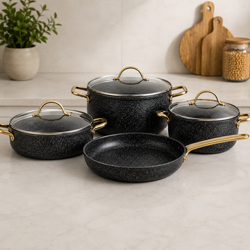 Korkmaz Black Granite Non-stick Cookware Set With Glass Lids - 7 Piece Set