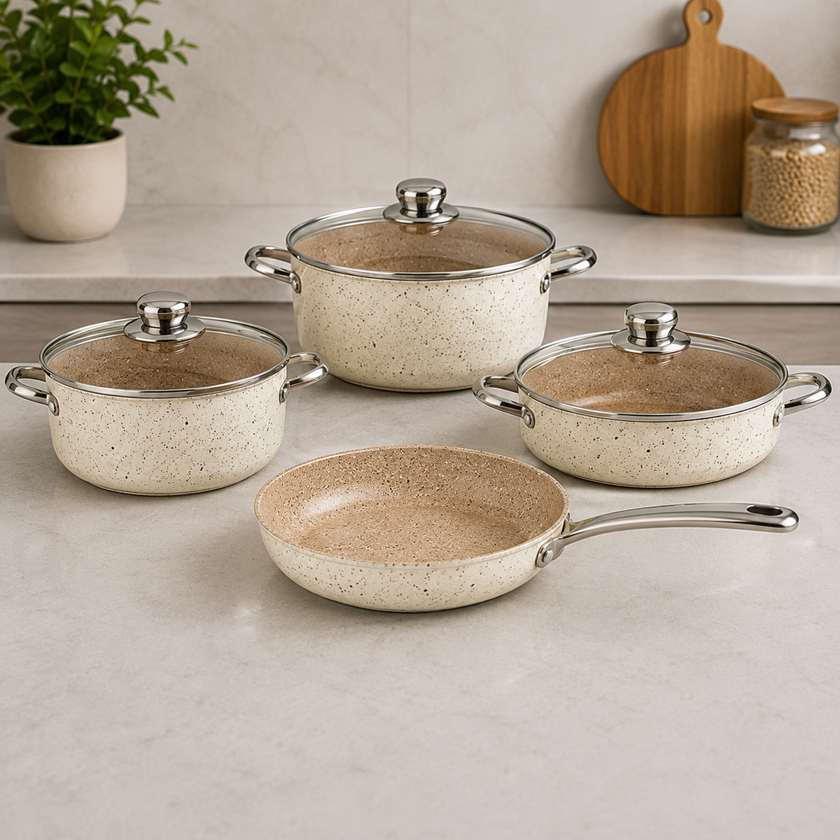 Korkmaz Non-stick Cookware Set With Glass Lids And Stainless Steel Handles - 7 Piece Set