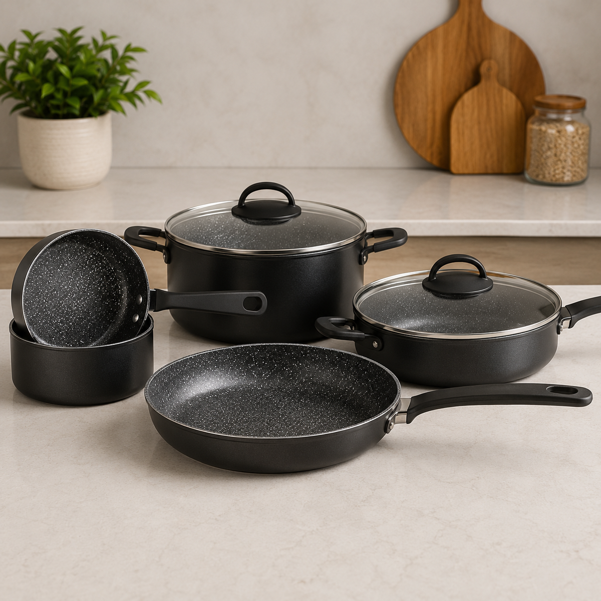 Korkmaz Black Non-stick Cookware Set With Glass Lids And Ergonomic Handles - 10 Piece Set