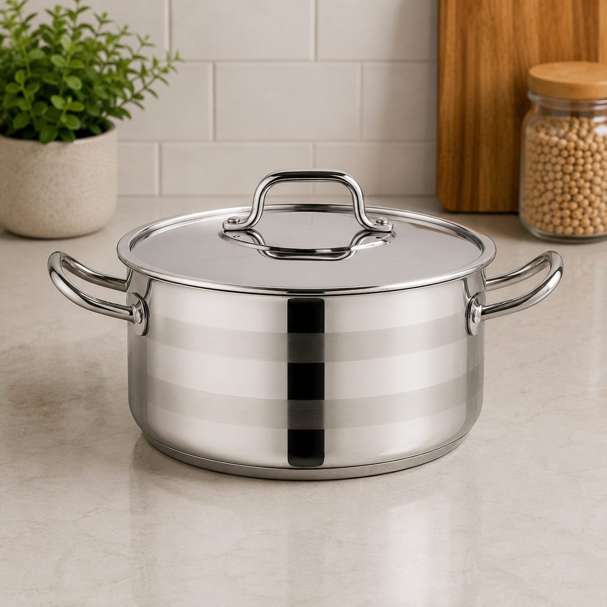 Korkmaz Stainless Steel Cooking Pot With Matching Lid And Side Handles -  30 x 18 cm