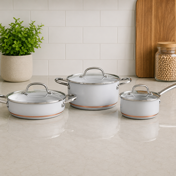 Korkmaz White Non-stick Cookware Set With Glass Lids And Stainless Steel Handles - 7 Piece Set