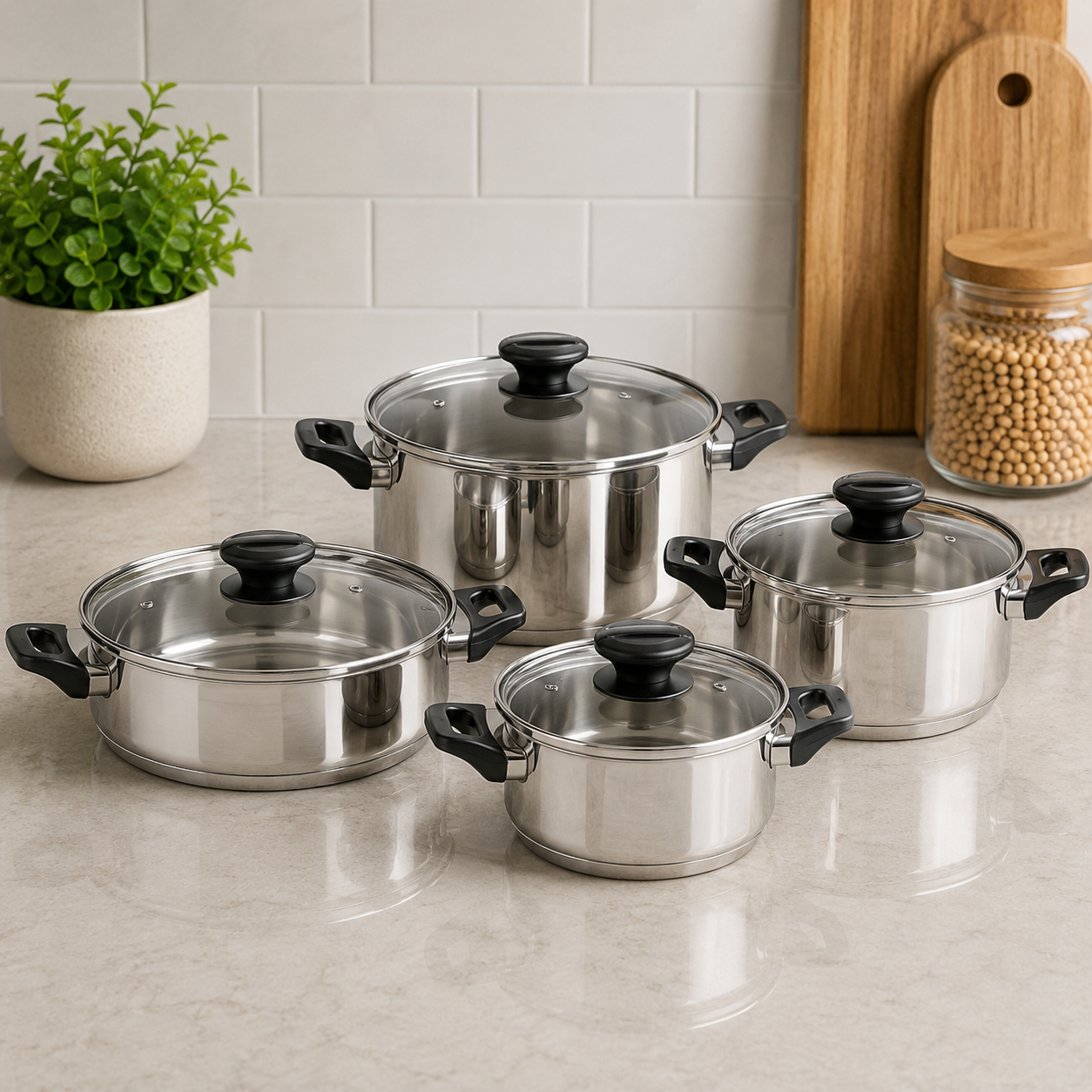 Korkmaz Stainless Steel Cookware Set With Glass Lids And Side Handles - 8 Piece Set