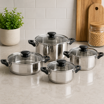 Korkmaz Stainless Steel Cookware Set With Glass Lids And Side Handles - 8 Piece Set