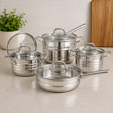 Korkmaz Stainless Steel Cookware Set With Glass Lids And Side Handles - 8 Piece Set
