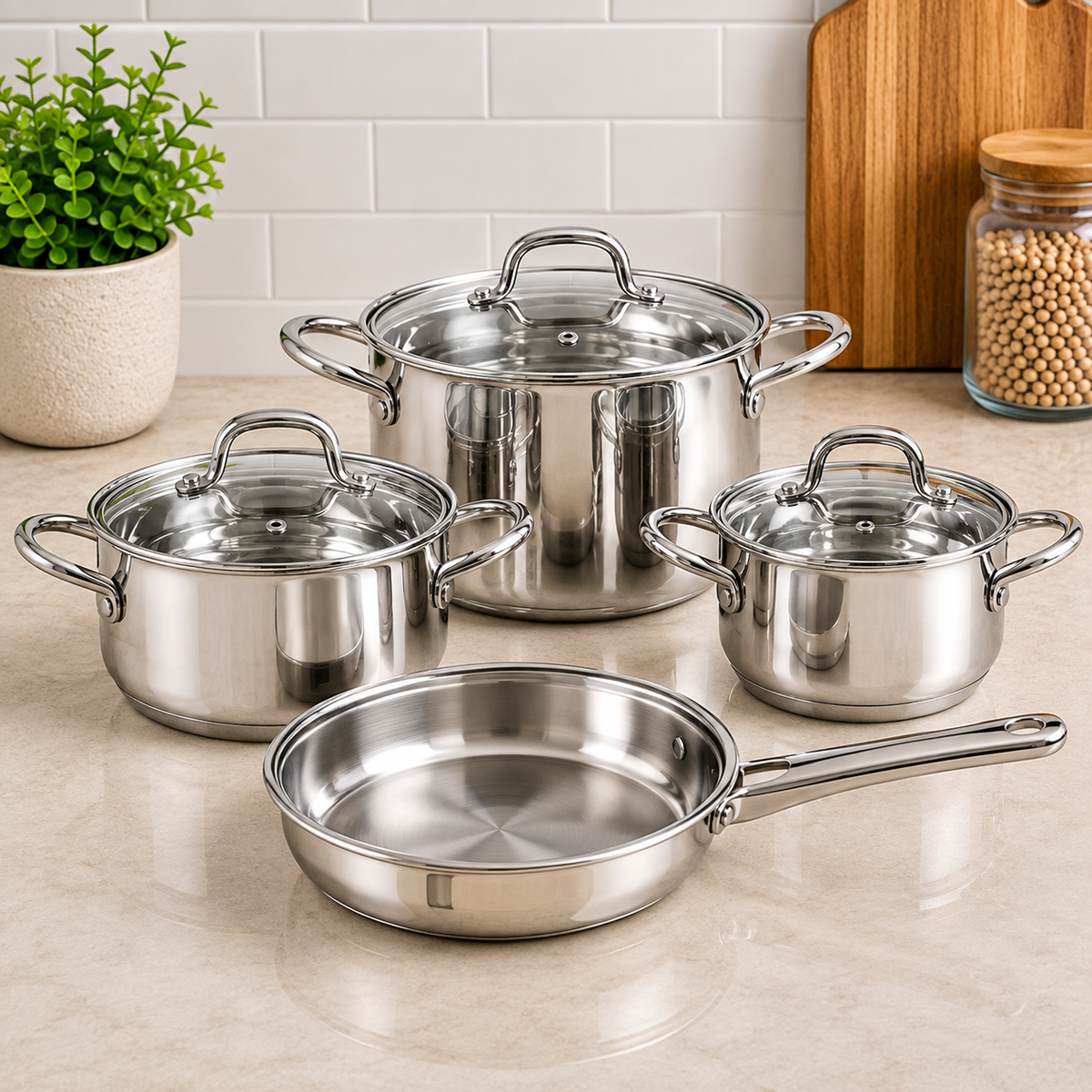 Korkmaz Stainless Steel Cookware Set With Glass Lids And Side Handles - 7 Piece Set