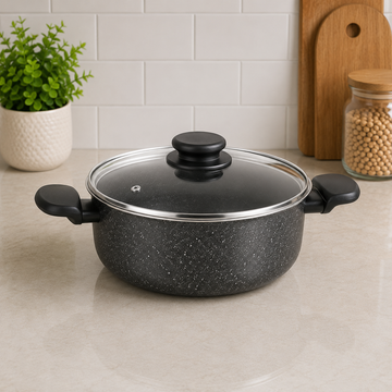 Korkmaz Granite Non-stick Cooking Pot With Glass Lid And Side Handles -  4.0 L