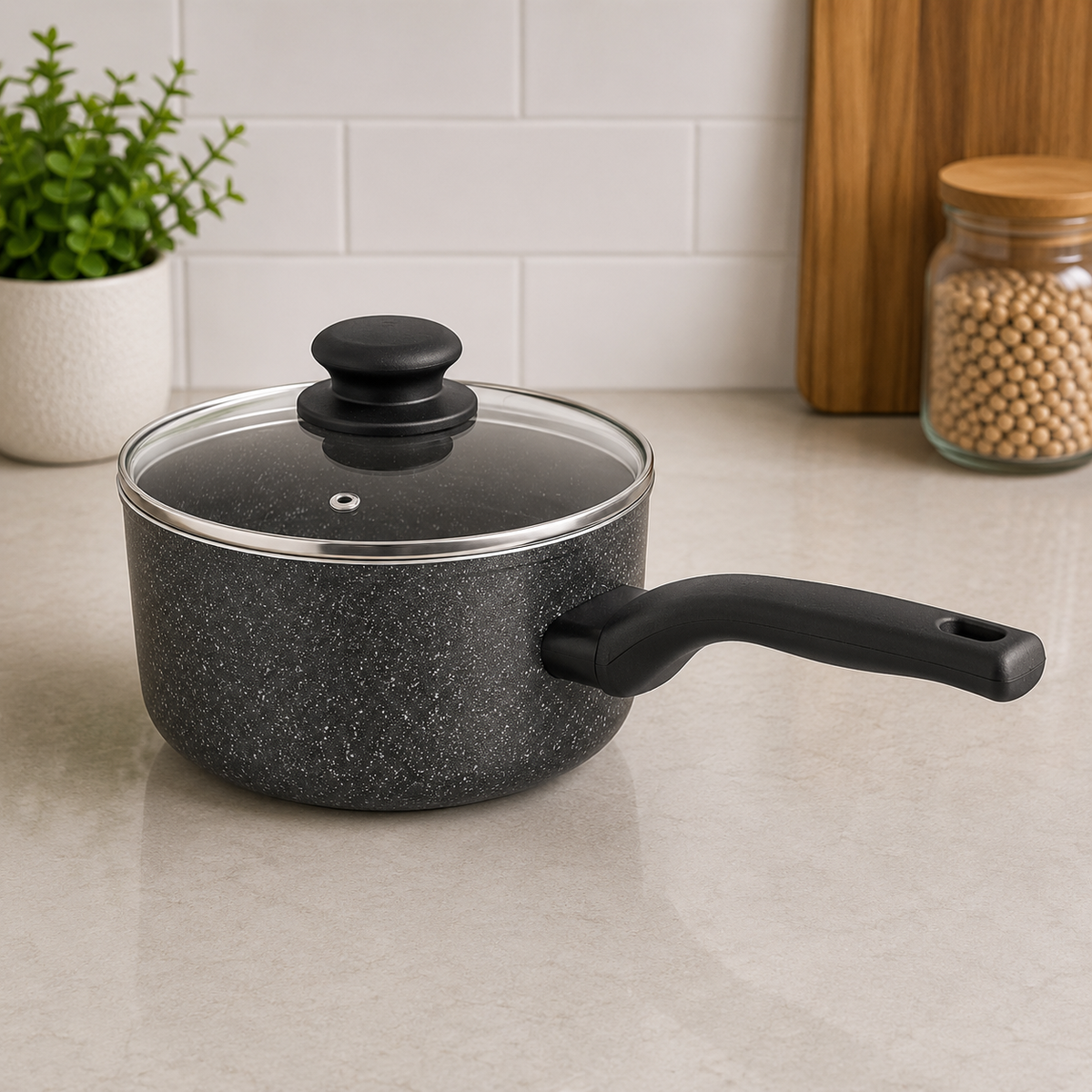 Korkmaz Granite Non-stick Saucepan With Glass Lid And Long Handle -  2 Liters