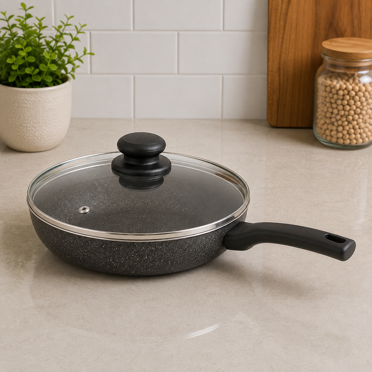 Korkmaz Granite Non-stick Saucepan With Glass Lid And Long Handle -  28 x 5.5 cm