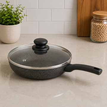 Korkmaz Granite Non-stick Saucepan With Glass Lid And Long Handle -  28 x 5.5 cm