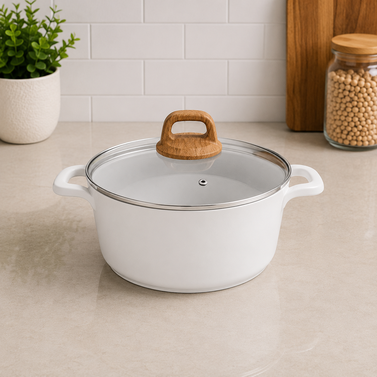 Korkmaz White Non-stick Cooking Pot With Glass Lid And Wood-look Handle - 20 x 1 0 cm