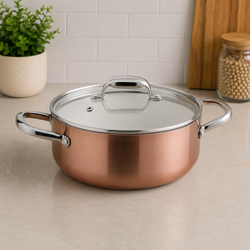 korkmaz Copper Finish Cooking Pot With Glass Lid And Stainless Steel Handles - 20 x 10 cm