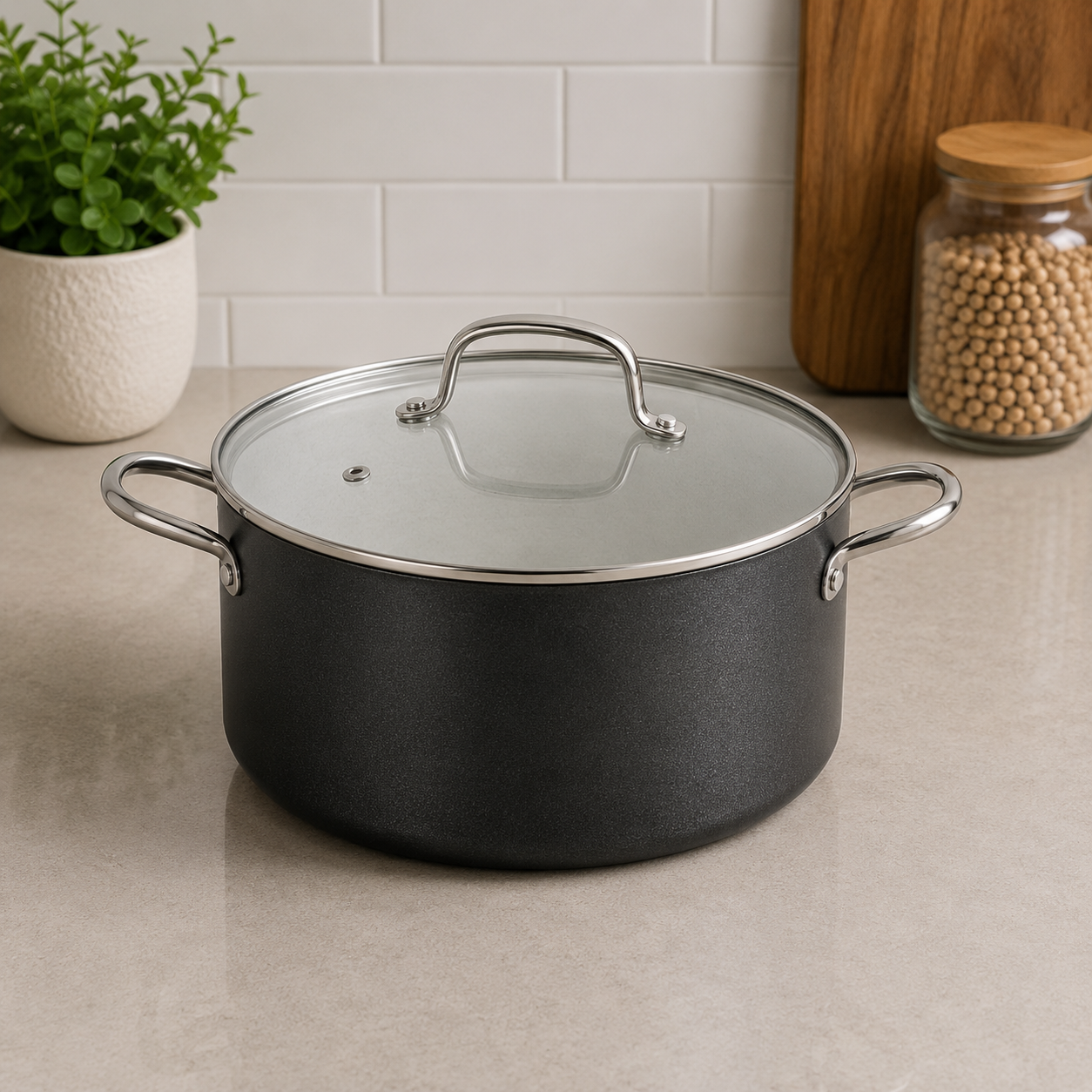 Krokmaz Black Non-stick Stock Pot With Glass Lid And Stainless Steel Handles - 32 X 20 cm