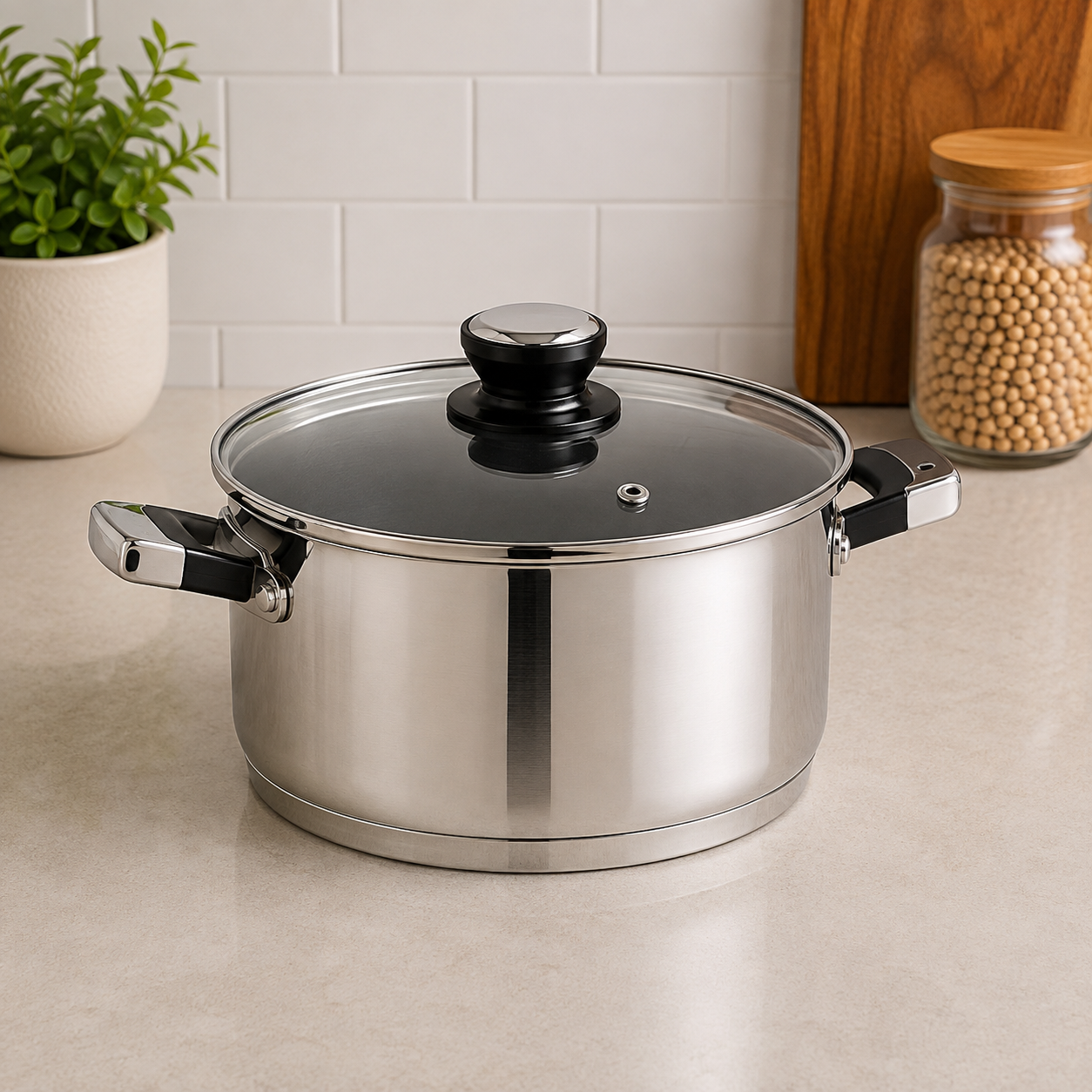 Korkmaz Stainless Steel Cooking Pot With Glass Lid And Black Handles - 24 x 12 cm