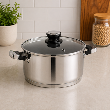 Korkmaz Stainless Steel Cooking Pot With Glass Lid And Black Handles - 24 x 12 cm