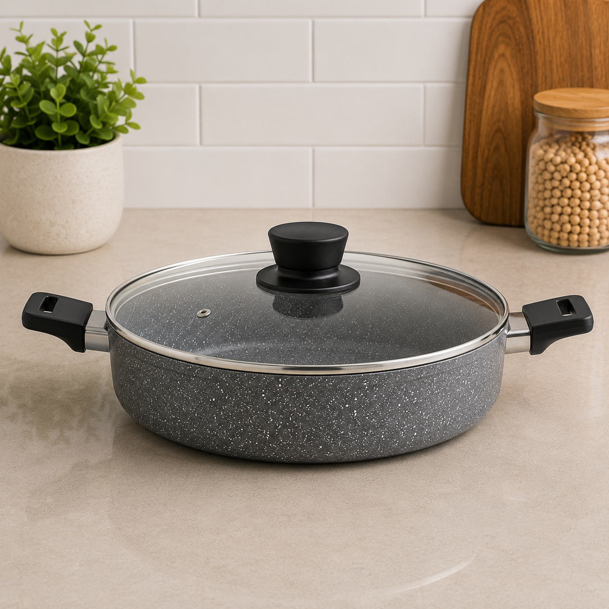 Korkmaz Granite Non-stick Casserole With Glass Lid And Side Handles - 28 x 7.5 cm