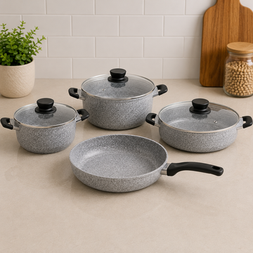 Korkmaz Granite Non-stick Cookware Set With Glass Lids And Black Handles - 7 Piece Set