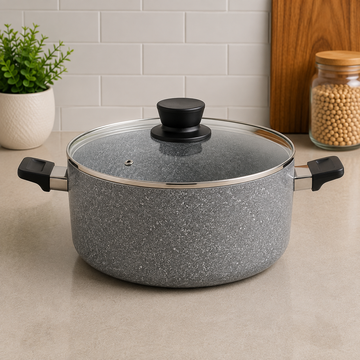 Korkmaz Granite Non-stick Cooking Pot With Glass Lid And Black Handles - 28 x 14.5 cm