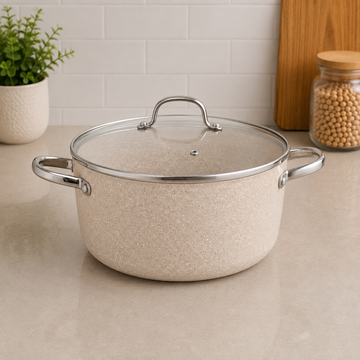 Korkmaz Cream Granite Non-stick Cooking Pot With Glass Lid And Stainless Steel Handles - 3 Liters