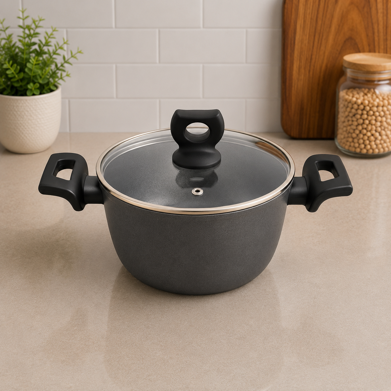 Korkmaz Grey Non-stick Cooking Pot With Glass Lid And Black Handles -  24 x 11.7 cm