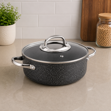 Korkmaz Granite Non-stick Casserole With Glass Lid And Stainless Steel Handles -  24 x 7 cm