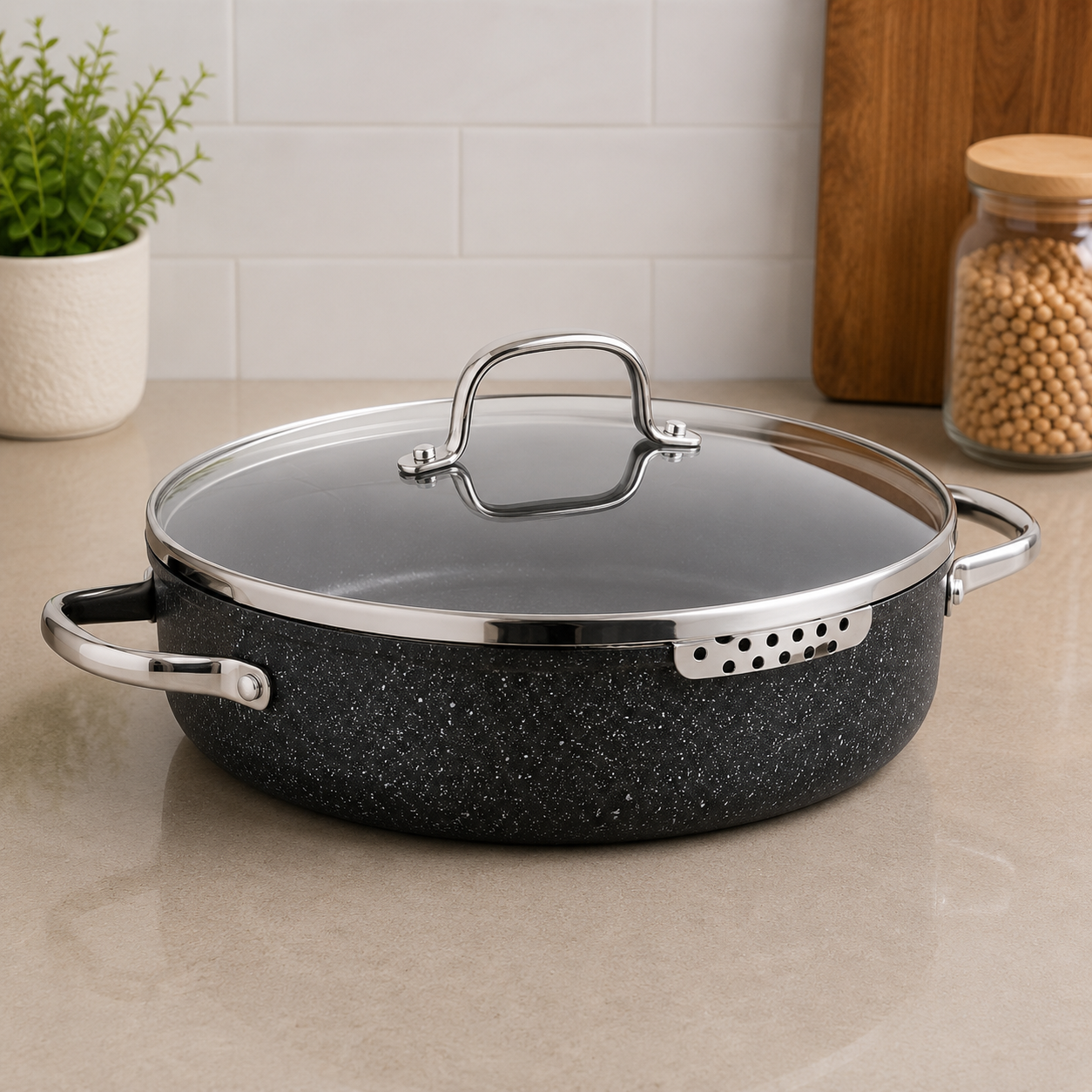 Korkmaz Non-stick Casserole With Glass Lid And Stainless Steel Handle - 28 x 7.5 cm