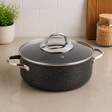 Korkmaz Black Granite Non-stick Cooking Pot With Glass Lid And Stainless Steel Handles - 24 x1 2.5 cm