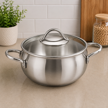 Korkmaz Stainless Steel Cooking Pot With Glass Lid And Side Handles -  20 x 10 cm
