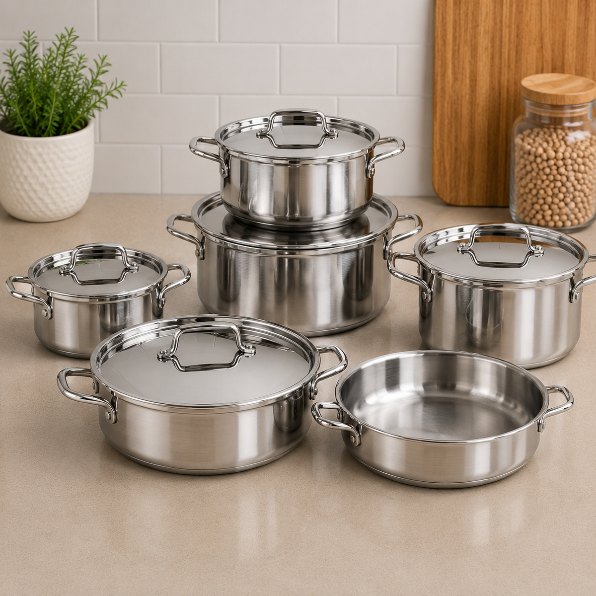 Korkmaz Stainless Steel Cookware Set With Lids And Side Handles - 11 Piece Set
