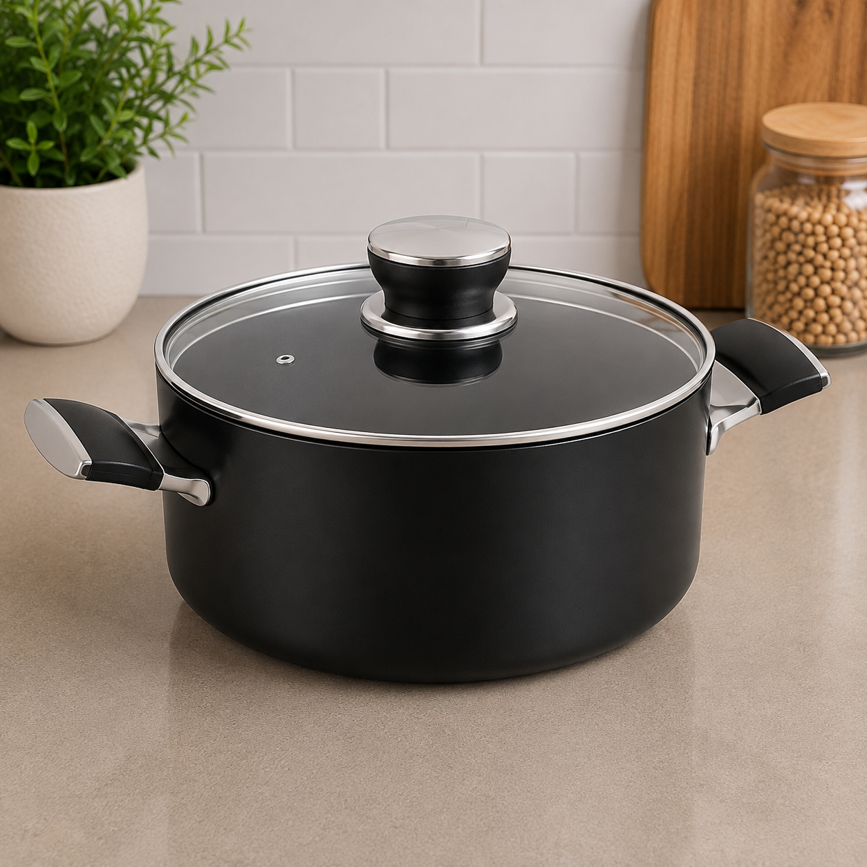 Korkmaz  Black Non-stick Cooking Pot With Glass Lid And Side Handles - 24 x 12.5 cm
