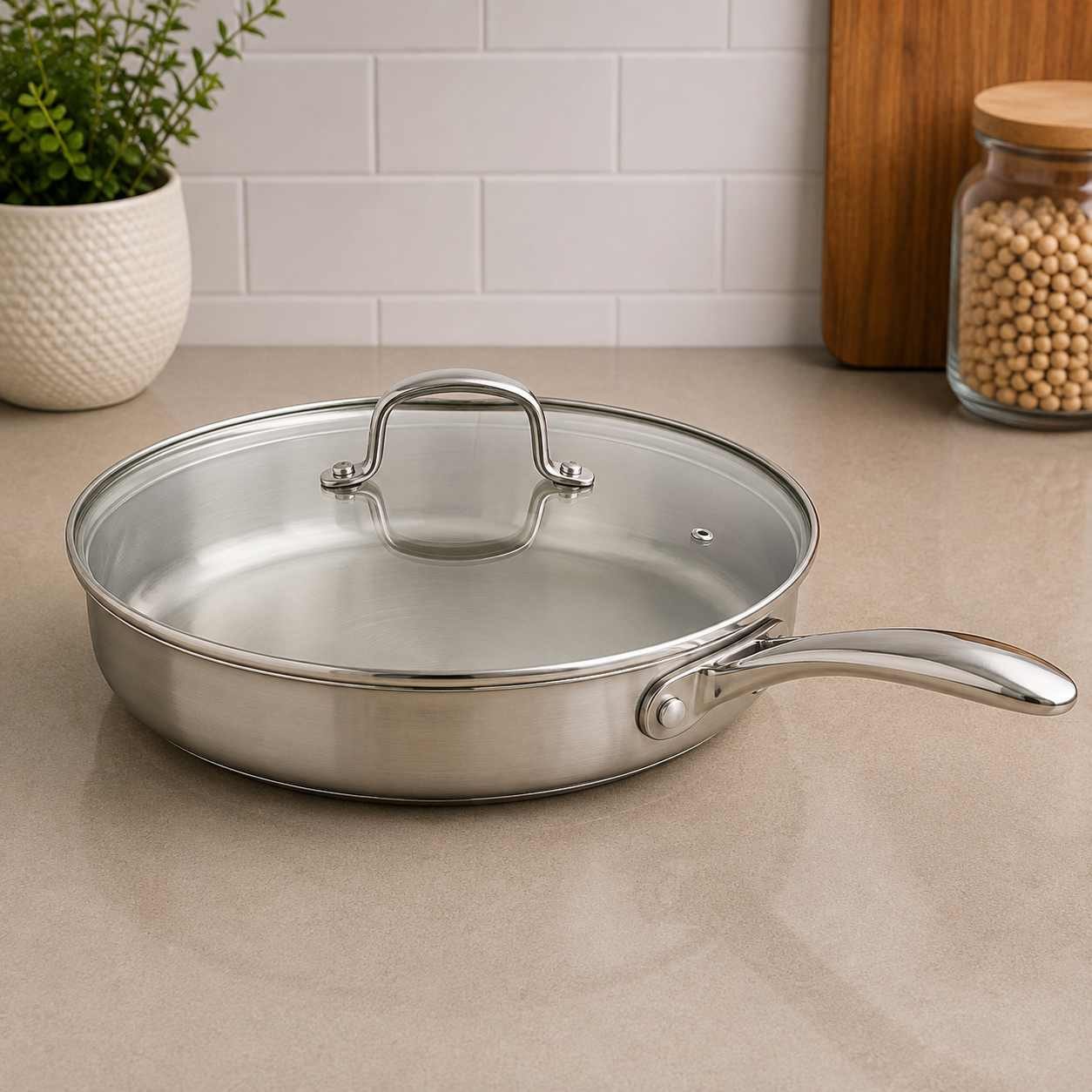 Korkmaz  Stainless Steel Frying Pan With Glass Lid And Long Handle - 24 x 4.7 cm
