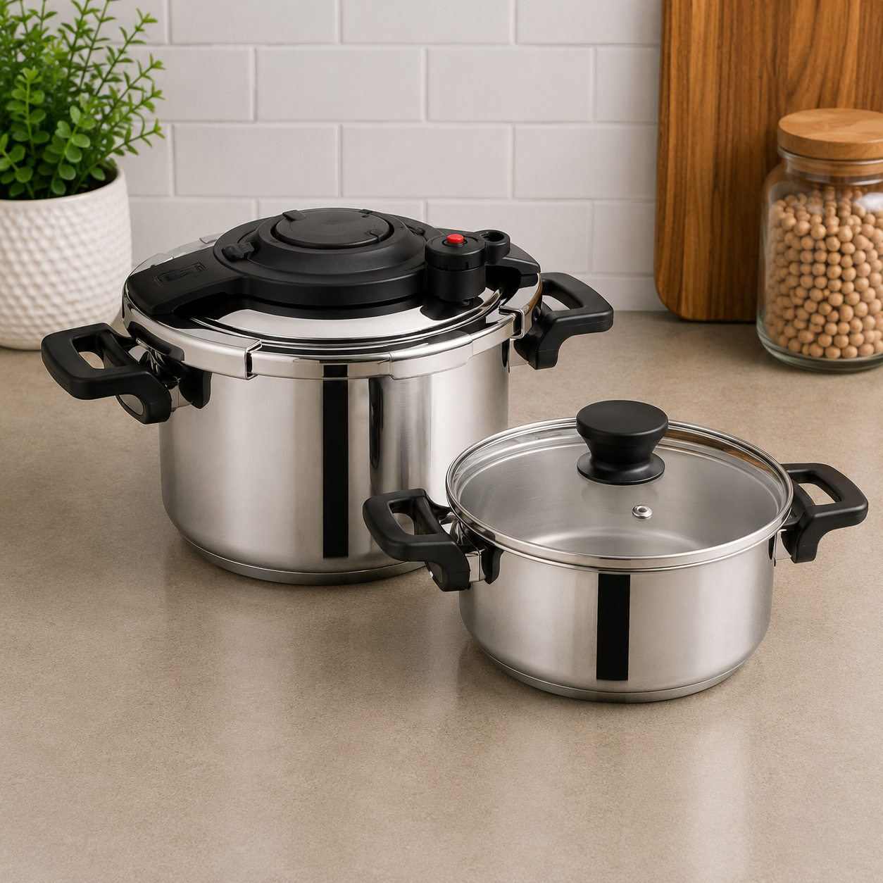 Korkmaz  Stainless Steel Pressure Cooker Set With Glass Lid And Side Handles - 4 Piece Set