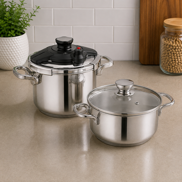 Korkmaz  Stainless Steel Pressure Cooker Set With Glass Lid And Side Handles - 4 Piece Set