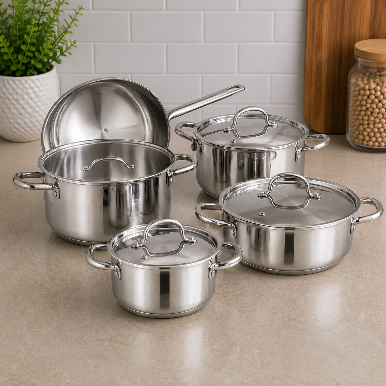 Korkmaz  Stainless Steel Cookware Set With Lids And Side Handles - 9 Piece Set
