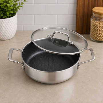 Korkmaz Stainless Steel Non-stick Casserole With Glass Lid And Dual Handles - 20 x 10 cm