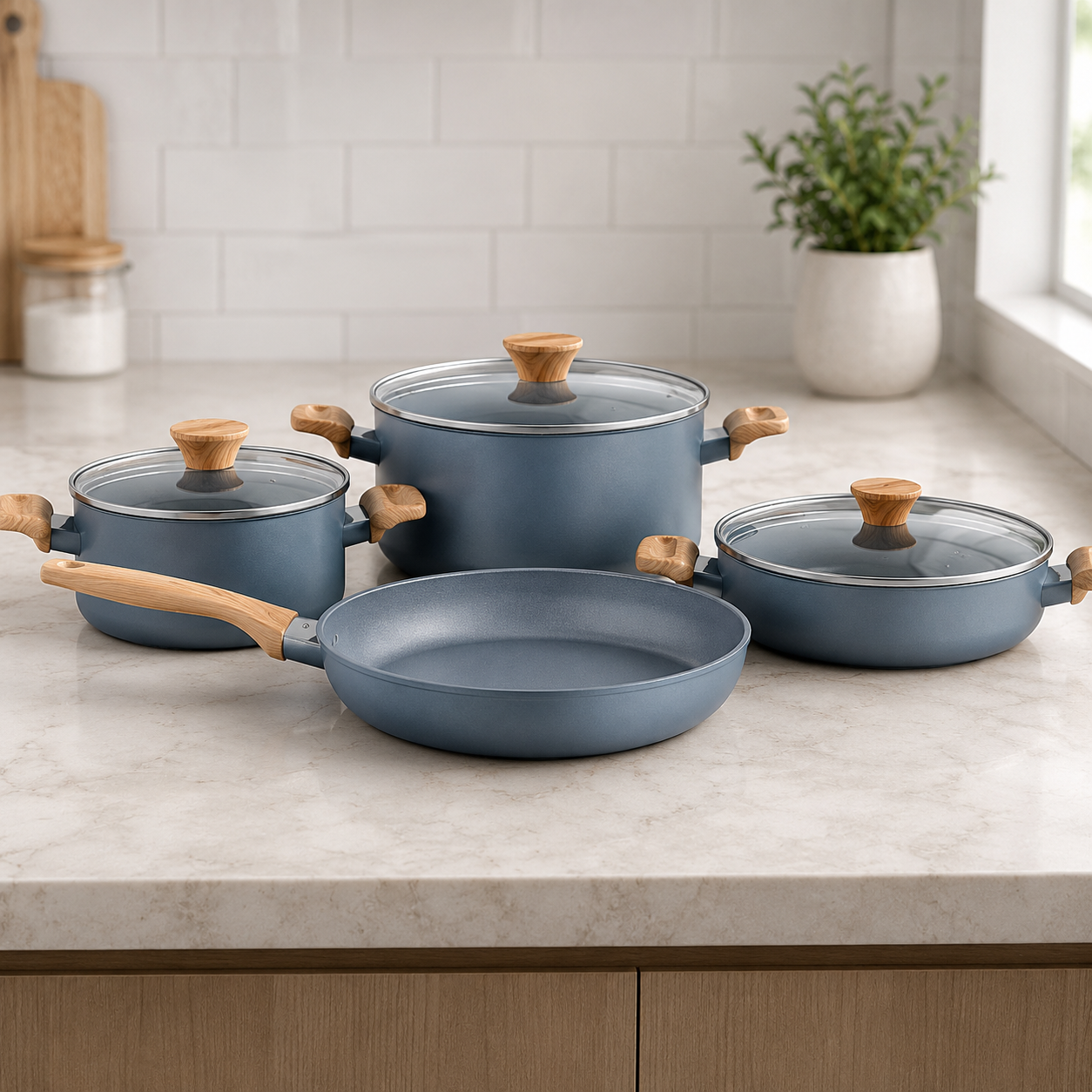 Korkmaz Non-stick Cookware Set With Glass Lids And Wooden Style Handles - 7 Piece Set