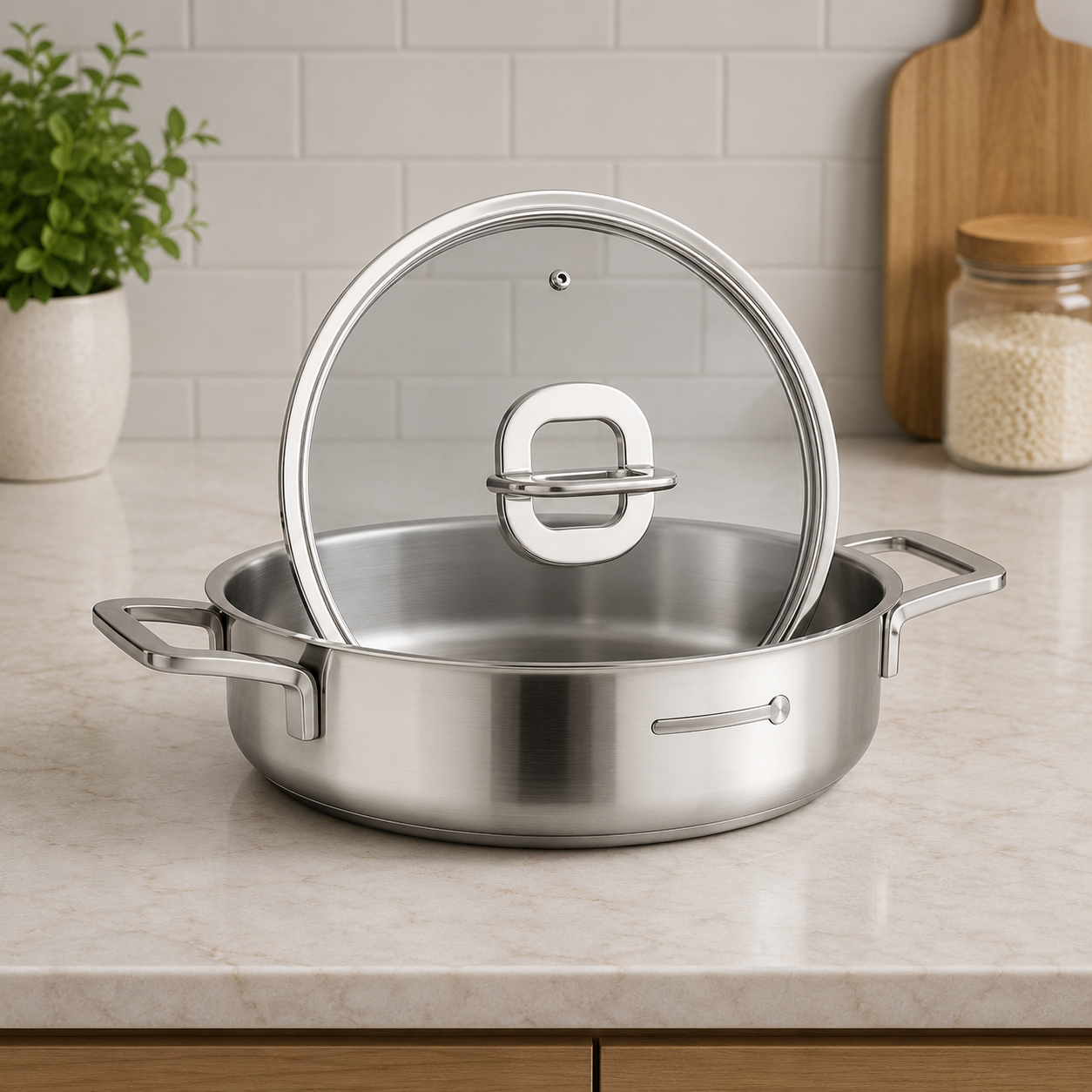 Korkmaz Stainless Steel Casserole With Glass Lid And Double Handles - 24 X 7 cm
