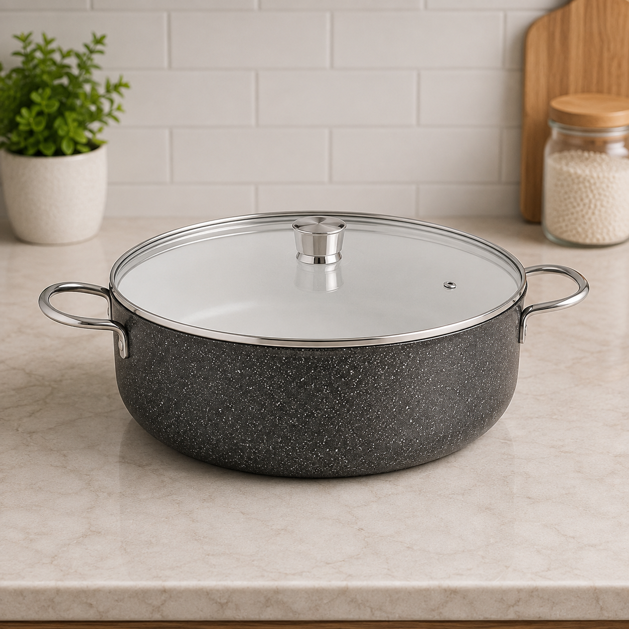 Korkmaz Granite Non-stick Casserole With Glass Lid And Double Handles - 32 X 13 cm