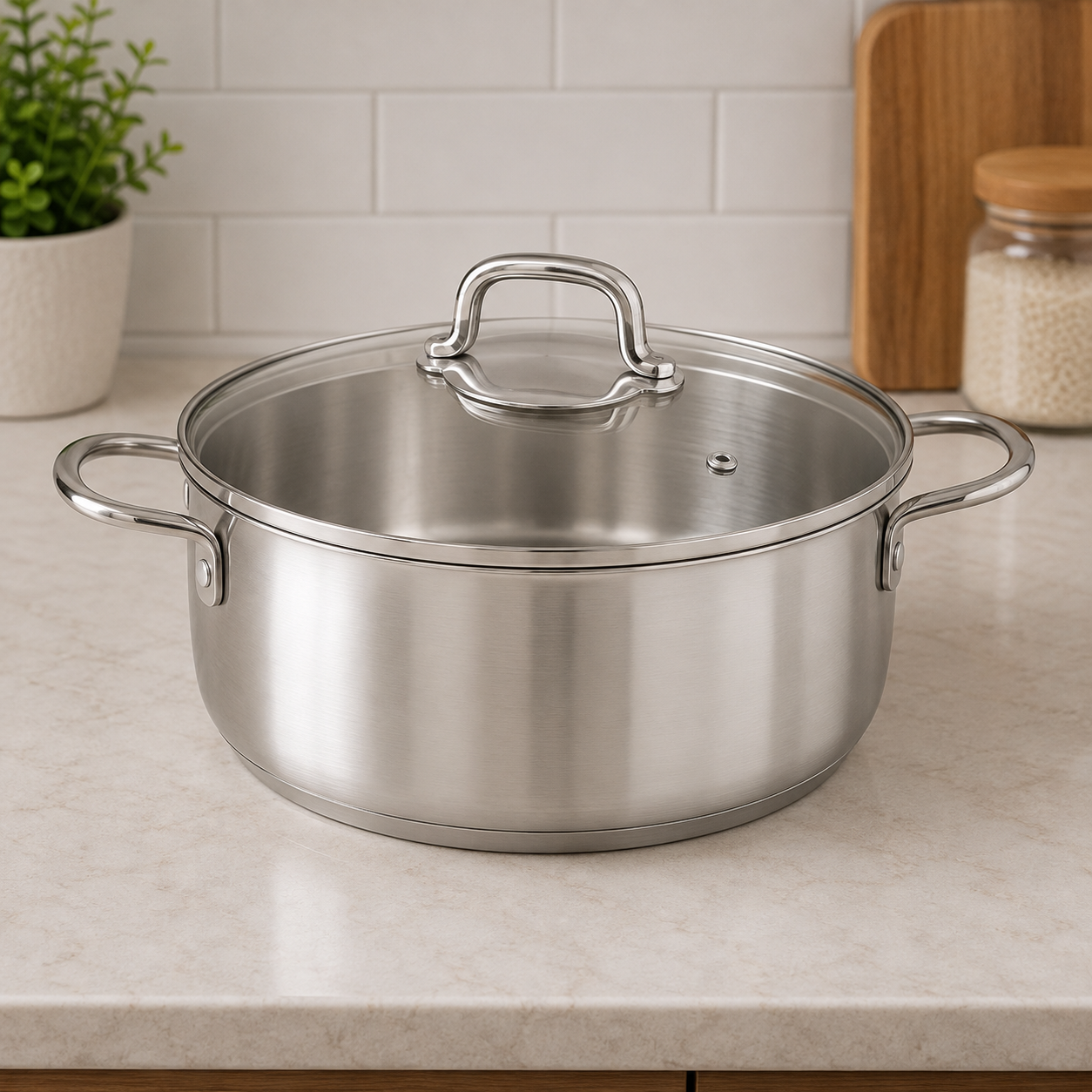 Korkmaz Stainless Steel Cooking Pot With Glass Lid And Double Handles - 22 x 11 cm